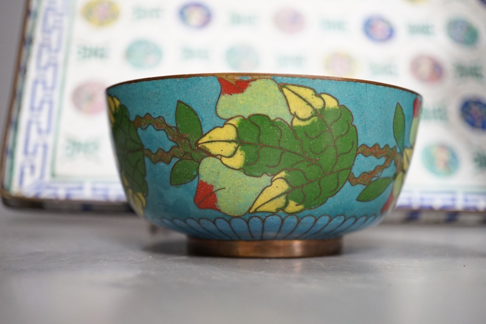 A 19th century Canton enamel tray, a cloisonne enamel bowl and a vase, 30cm